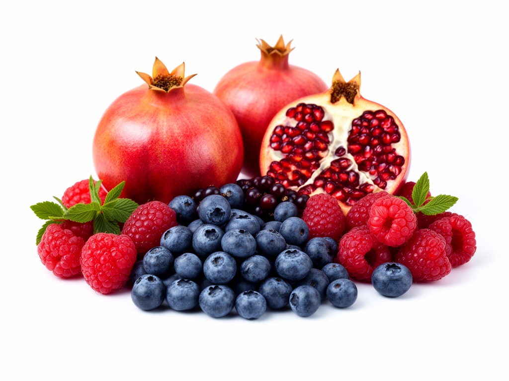 Assortiment de fruits rouges et baies riches en antioxydants incluant myrtilles, framboises et grenades sur fond blanc épuré avec une lumière douce