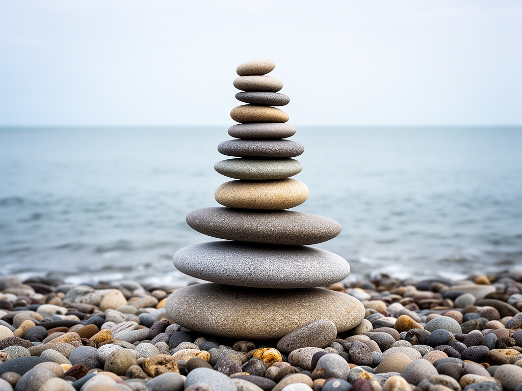 Tour de galets équilibrés soigneusement empilés au bord d'une rivière calme au coucher du soleil, symbolisant l'équilibre, la patience et la pratique méditative zen